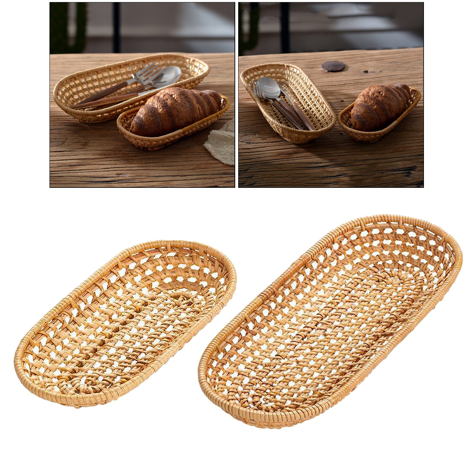 Rattan Bread Basket Woven Storage Basket Kitchen Bread Box Storage Boxes Rectangle Fruit Plate Trays Organizer