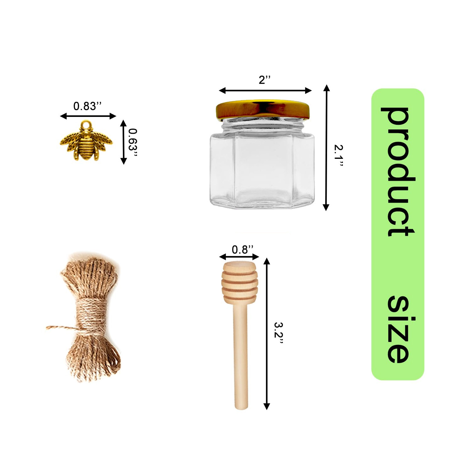 20 Stück 1,5 Unzen kleine Honiggläser aus Glas – Honiggläser aus Glas mit goldenen Deckeln, hölzernen Löchern, Bienenanhängern und Juten für Höhle St. Patrick's Tag