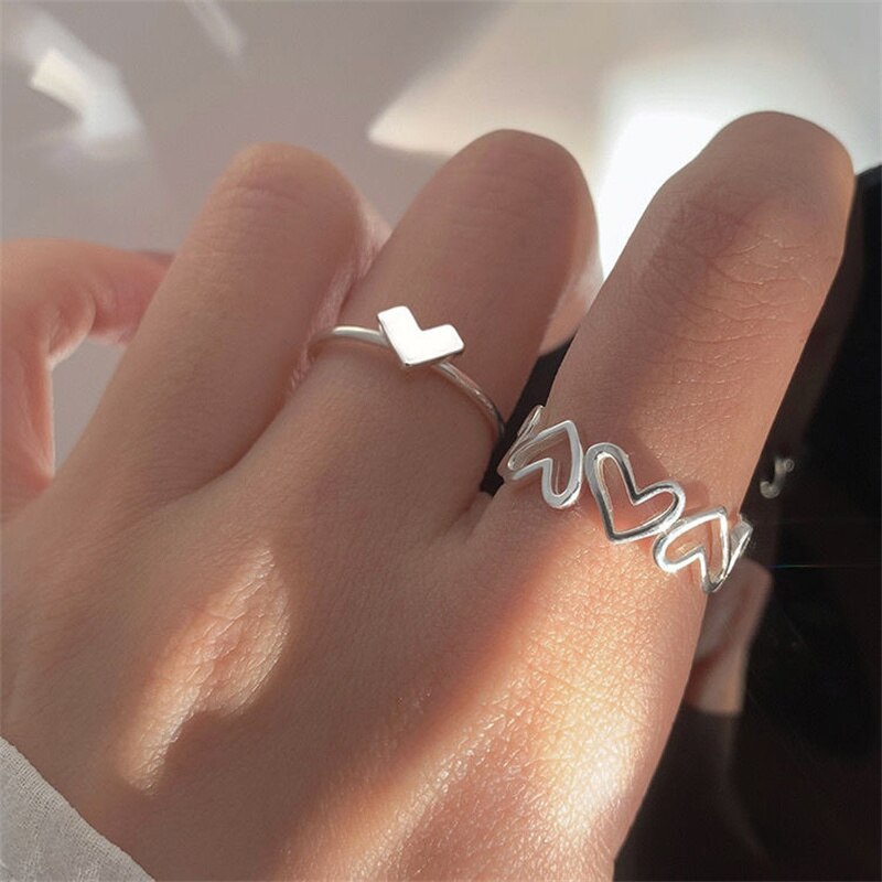 Bagues ouvertes simples en forme de cœur creux pour filles, bagues de couleur argent, bijoux de mariage esthétique, de promesse pour femmes