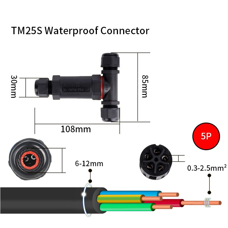IP68 Waterproof Connector 2/3/4/5 Pin Electrical Terminal Adapter Wire Connector Screw Pin connector LEDLight Outdoor Connection: TM25S-5P