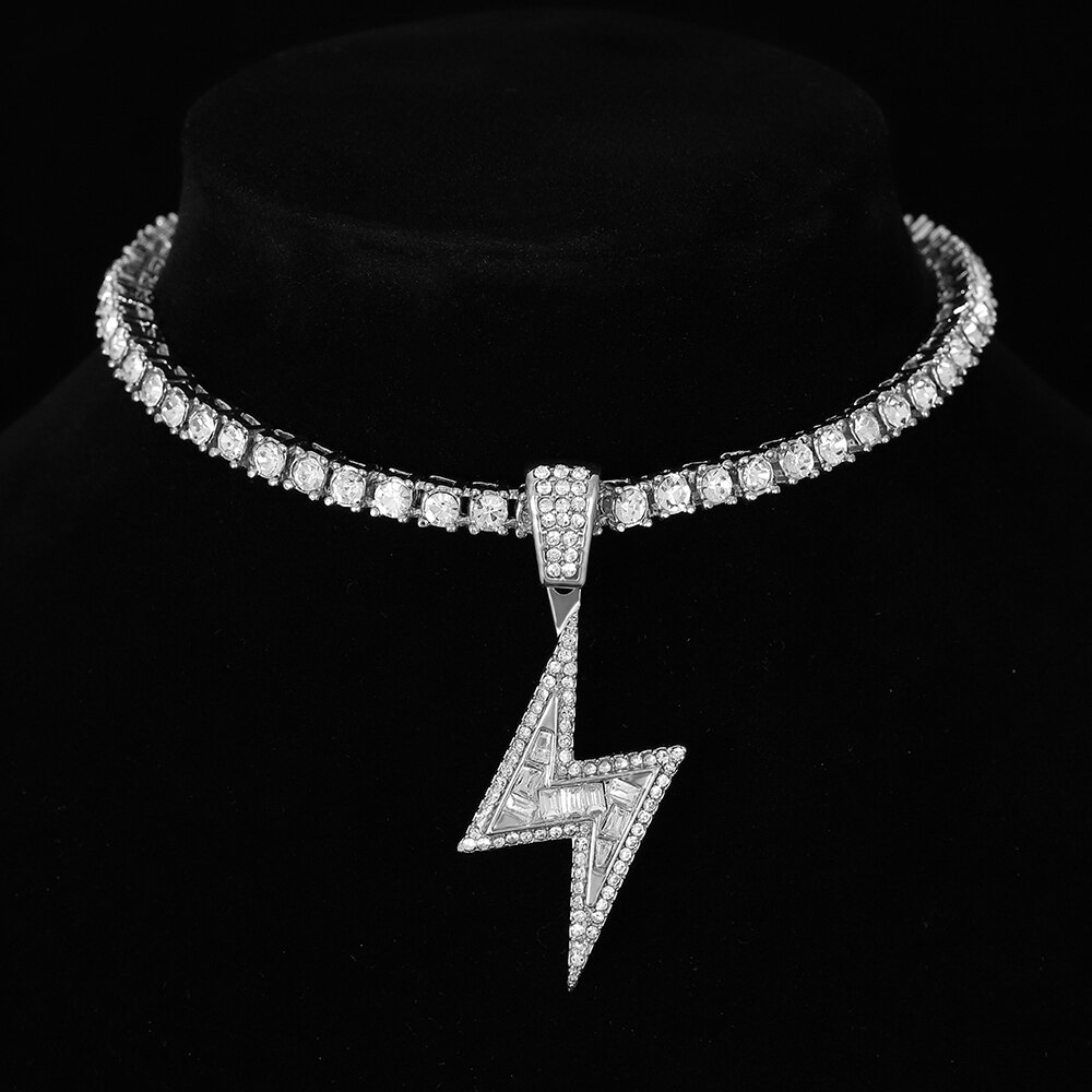 Hip Hop Lightning Pendant Necklace Gold Tennis Chain Iced Out Rhinestone Necklaces for Women Men collares de moda