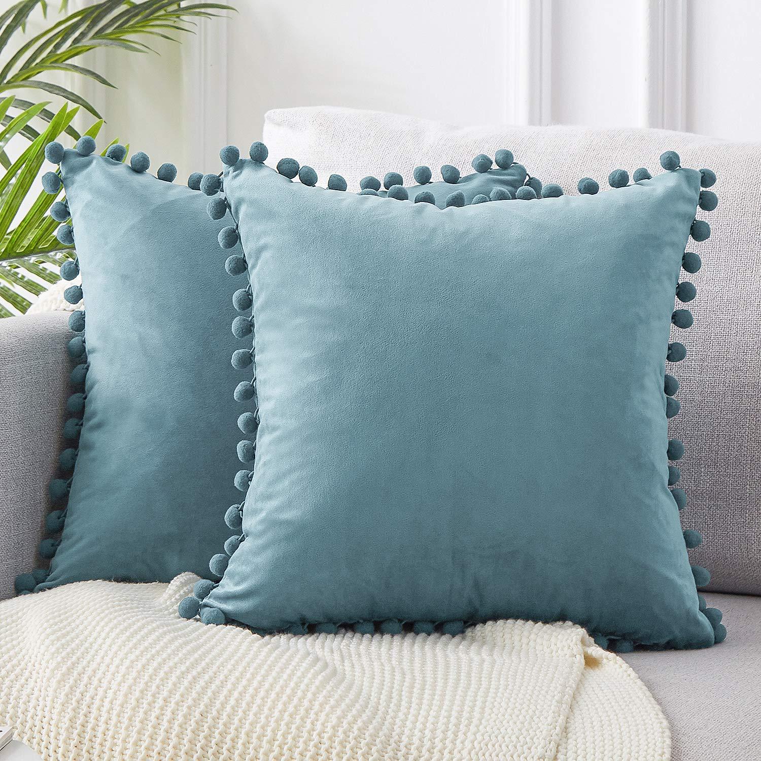 Vihreä sininen harmaa vaaleanpunainen massiivi sametti koriste tyynyliina pehmeä sametti tyynynpäällinen pompom pallo sohvatyynynpäällinen 30 x 50cm: Sininen / 1 kpl 300-500mm