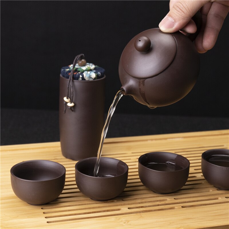 Chinese Ceramic Tea Set Travel Tea Set Portable Purple Clay Teapot Set with Tea Caddy 4 Teacups Mugs Storage Bag Teaware Set