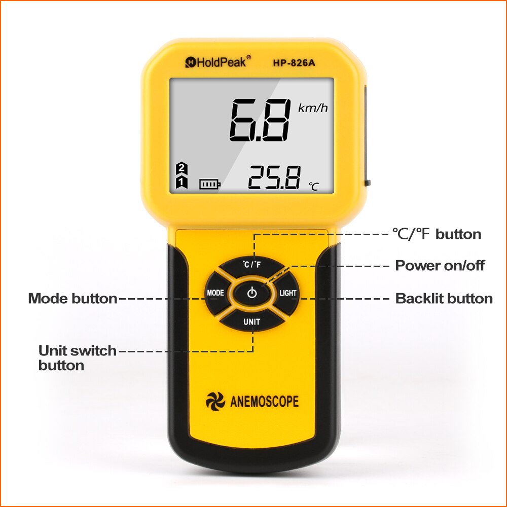 Holdpeak anemometer digital vindhastighedsmåler 0 ~ 30m/ s luftmængde termometer vindsensormåler