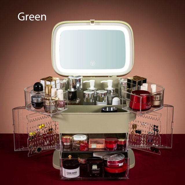 Organizador de maquillaje con espejo de tocador, espejo de maquillaje con luz LED ajustable, joyería, lápiz labial, contenedor cosmético, resistente al agua: Green