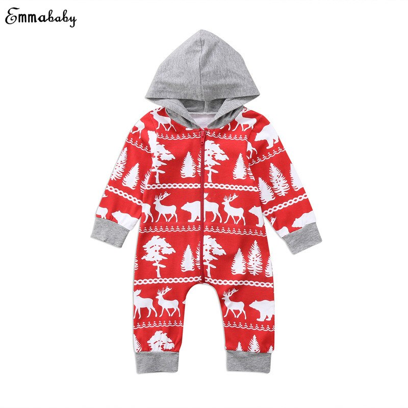 Kerst Pasgeboren Baby Jongen Meisje Lange Mouwen Herten Print Rits Hooded Romper Jumpsuit Playsuit Outfit Xmas Kleding 0-24 M