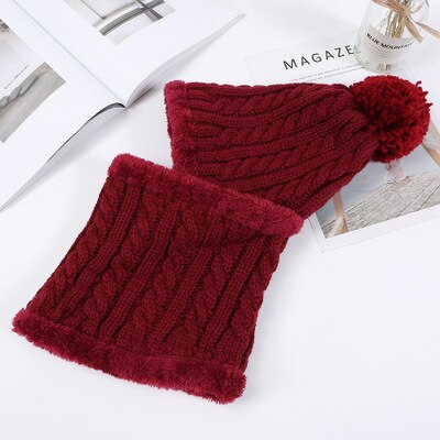 Fleecefodrad varm mössa dam stickad mössa vintermössa scarfset vintermössor för dam skullies mössor huva: Vin, röd