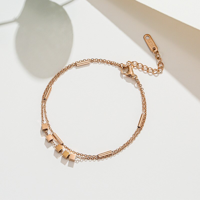 Pulsera de acero y titanio cuadrada, joyería de , pequeña, doble, oro rosa