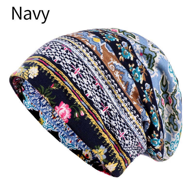 Blød åndbar sommerblomstret print kemokræft beanie nightcap muslimsk islamisk hat sovhue: Flåde