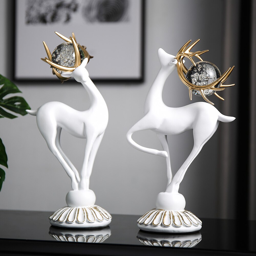 Deer Statue Figurines for Interior Crystal Ball Modern Home Decoration Living Room Decoration Desk Accessories Golden Craft