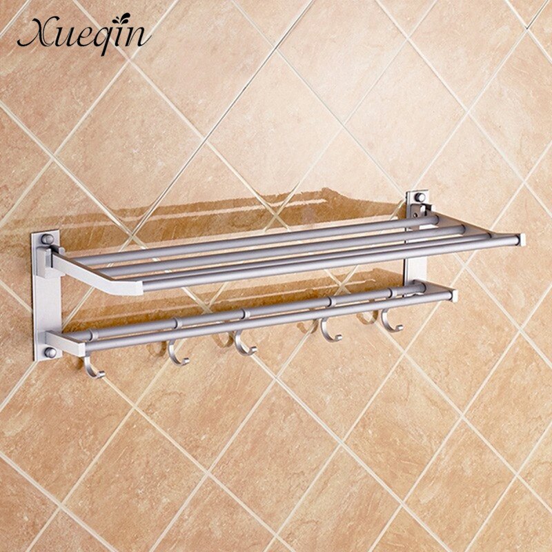 2 Layer Alumimum Foldable Bathroom Towel Rack Holder Wall Mounted Storage Hanger Kitchen Hotel Towel Clothes Shelf With 5 Hooks
