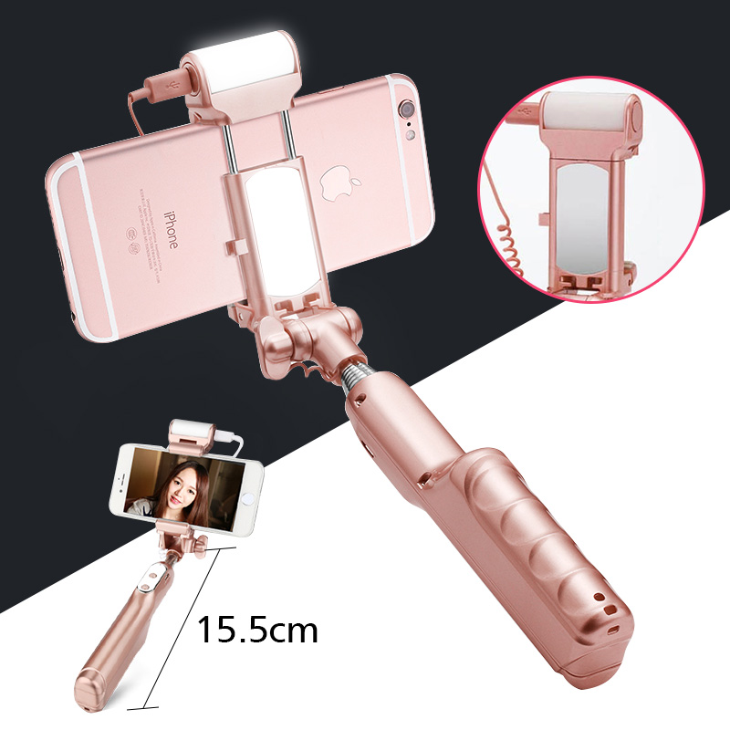 Bluetooth selfie stick håndholdt kamera sammenklappelig mini monopod med bagspejl / led selfie fyld lys håndtag mini self pole stativ
