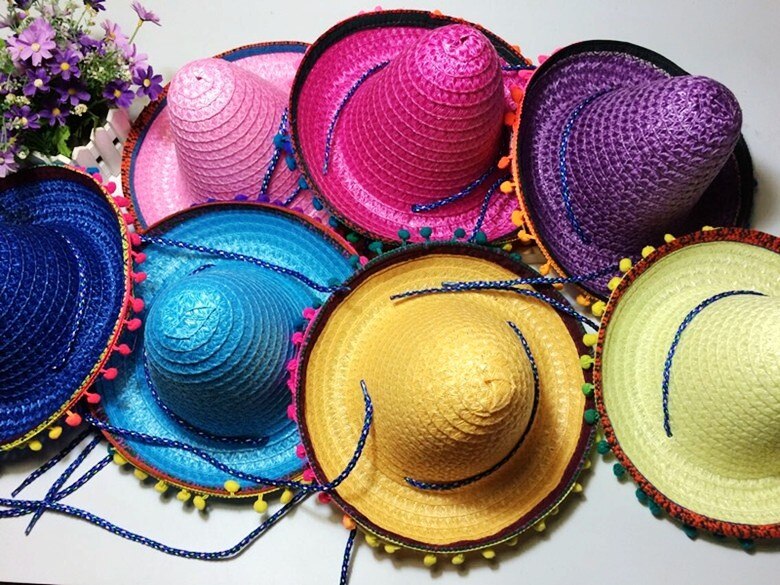 Mexican Sombrero For Children Kids Show Straw Hats Dance Props Pompom Party Hat 6Pcs/lot
