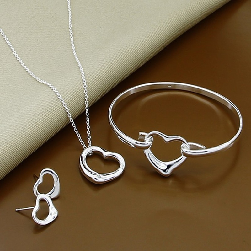 925 Sterling Silver Jewelry Set Simple Heart Love Stud Earring/Necklace/Bangle for Women Girl Birthday