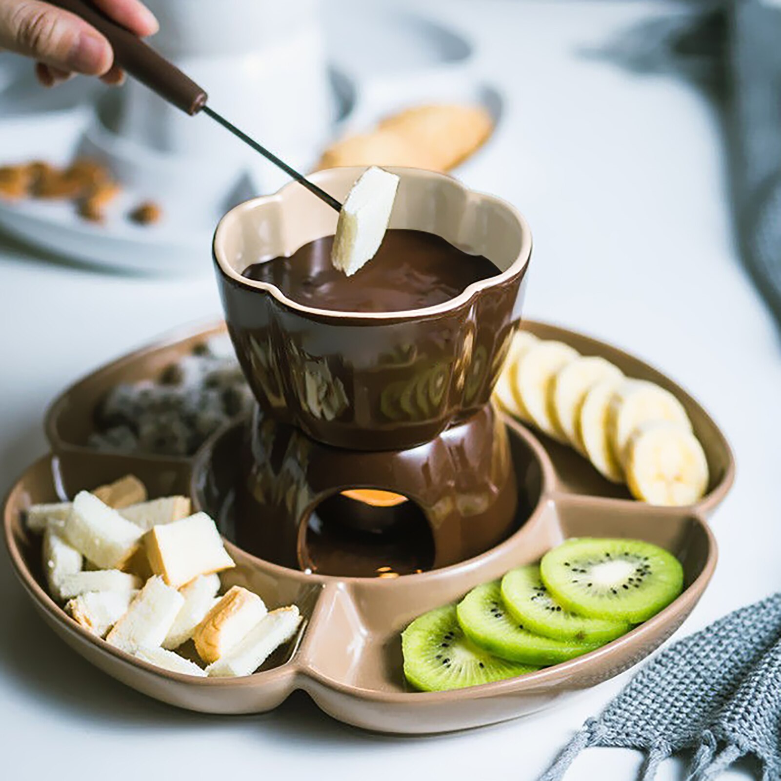8PCS Ceramic Fondue Set Chocolate Fondue Pot With Tealight Candles Diy Fondue Serving Set For Cheese Chocolate Icecream
