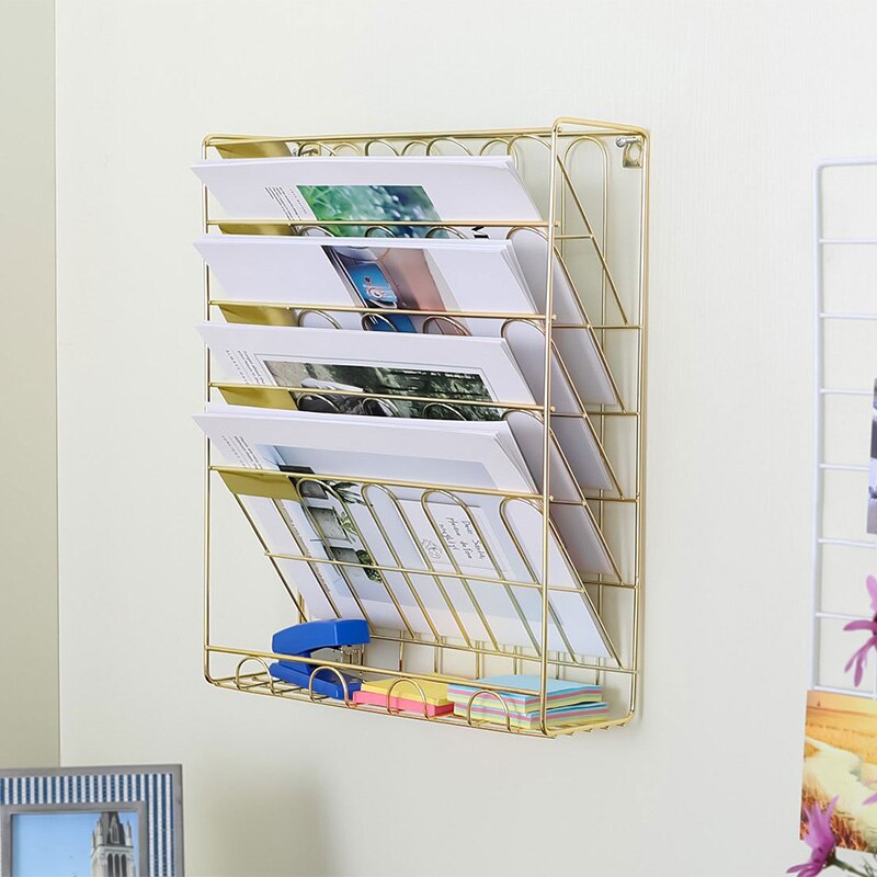 Hanging Wall File Organizer, 5 Slot Wire Metal Wall Mounted Document Holder for Office Home, Gold