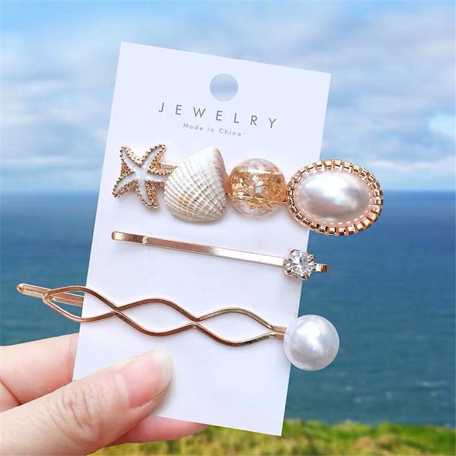 Mode Haarspelden Vrouwen Haar Accessoires Grote Zeester Sea Verkoop Simulatie Pearl Barrette Dames Hoofd Pins Clip Set Hoofddeksel: S3-White