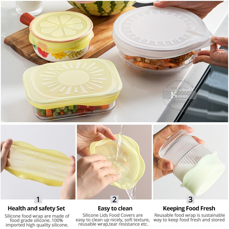 Silicone Stretch Lids, 6 Pcs of Silicone Food Covers, Reusable Bowl Lids Food Cover Wrap for Platters, Dishes, Jars and Freezer