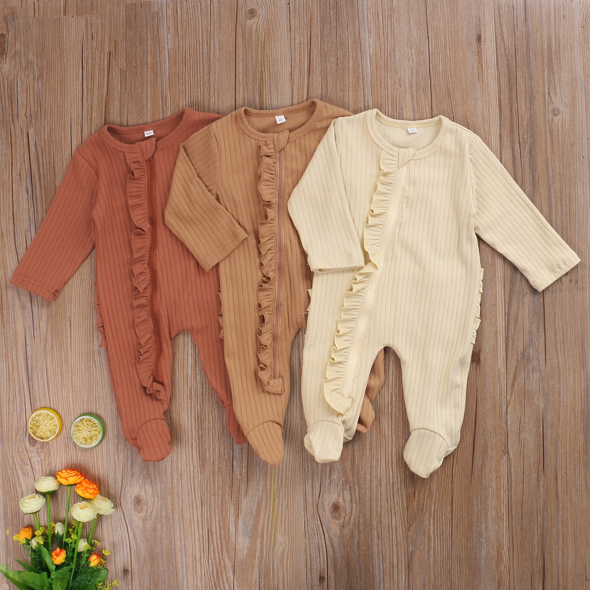 Citgeett Autumn Solid Newborn One-piece Footies Pajamas Infant Long Sleeve Round Neck Ruffle Nightclothes
