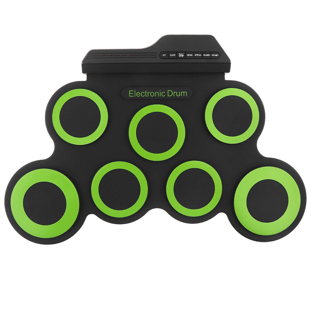 Portable Silicone Electronic Digital USB 7 Pads Roll up Set Green Electric Drum Kit with Drumsticks and Sustain Pedal
