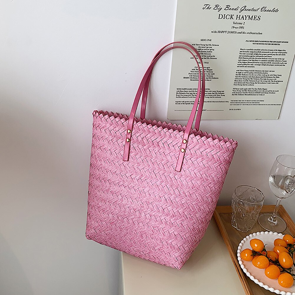 Handgeweven handtassen voor een zomerse strandvakantie, casual rieten schoudertassen voor dames, grote handgemaakte rotan draagtassen, boodschappentassen: Roze