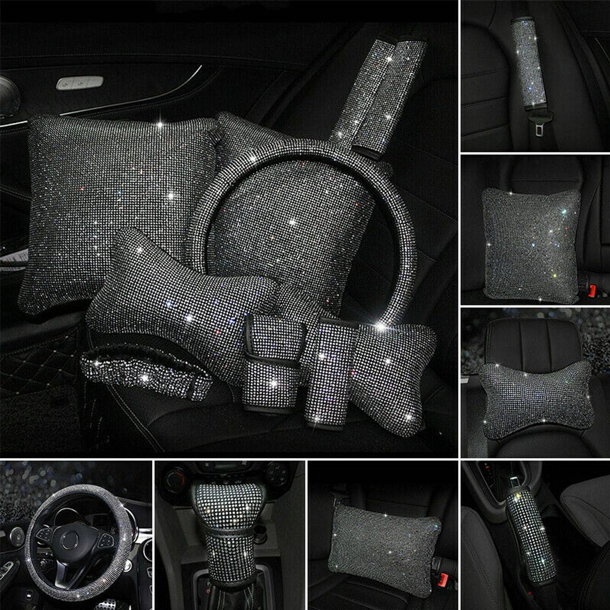 Universel voiture étincelle Bling strass intérieur volant couverture Console centrale coussin appuie-tête oreillers Auto accessoire ensemble