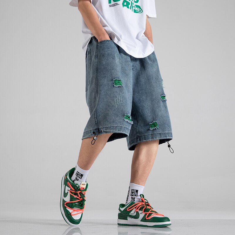 Summer Men Ripped Denim Shorts Casual Loose Shorts: Blue / Asian Size 5XL