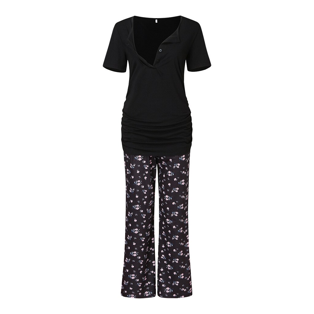 Pyjama Set Voor Zwangere Vrouwen Moederschap Nachtkleding Verpleging Kleding Winter Katoen Borstvoeding Nachtkleding Homewear Tops + Broek: flower / L