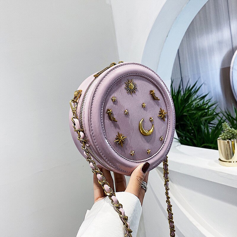 sternenklar Himmel runden Leder Schulter Tasche Pro Frauen Damen Geldbeutel und Handtaschen weiblich kreisförmig Crossbody Bote Tasche: Violett