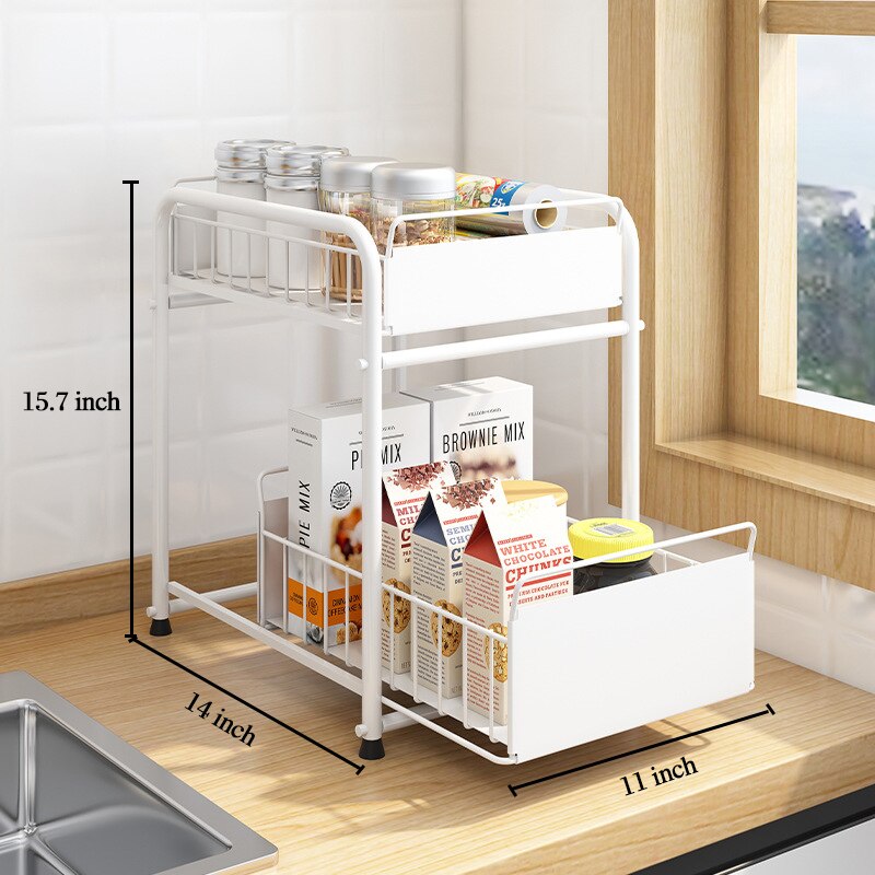 2-Tier Under Sink Cabinet Organizer with Sliding Storage Drawer Desktop Organizer for Kitchen Bathroom Countertop Rack Supplies: White 4