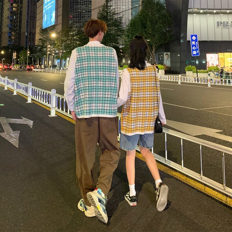 Hombres suéter chaleco otoño hombre chaleco a cuadros cuello par de Retro de coreana Ulzzang pijo Casual de gran tamaño 3XL Ins