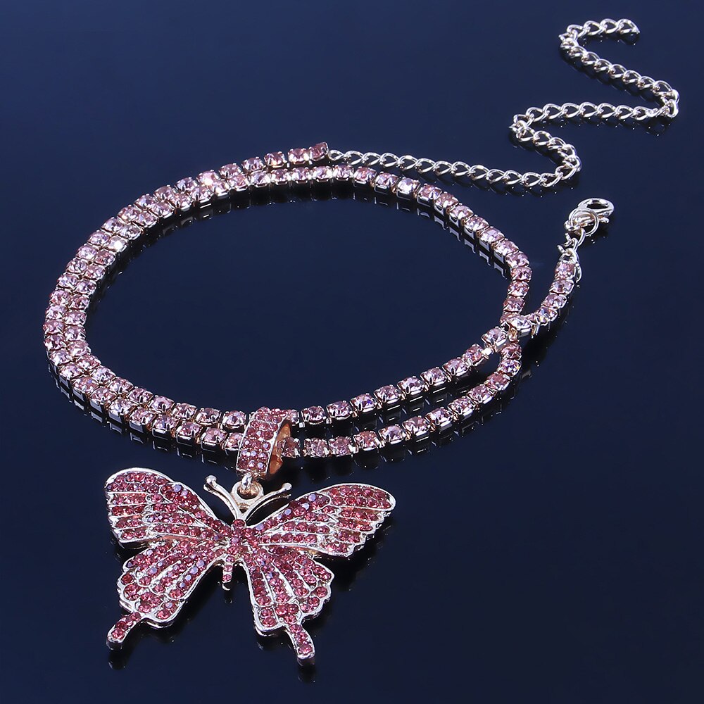 Stonefans glänzend Strass Großen Schmetterling Anhänger Fußkettchen für Frauen Luxus Schmuck Doppel Schicht Fußkettchen Schmetterling Kette: rose gold Farbe