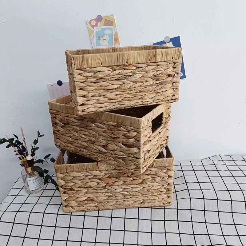 Cestas de mimbre de jacinto de agua con asas integradas, solución de almacenamiento versátil para el hogar, oficina, dormitorio, escritorio, organizador de cajones