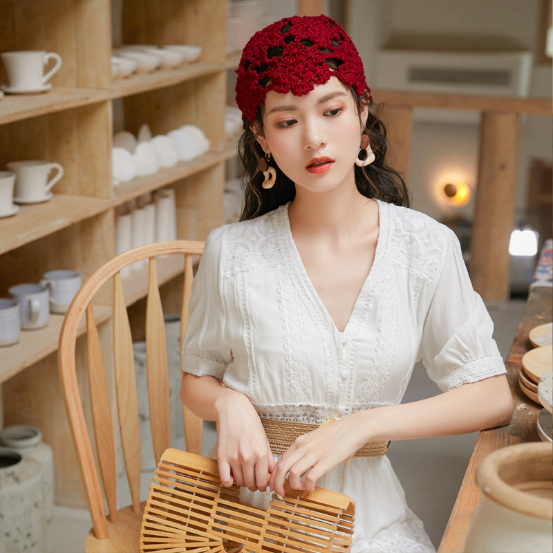 Bonnet Vintage en Crochet pour femmes, motif floral tricoté, Skullies, rétro, printemps été, ZZ-384