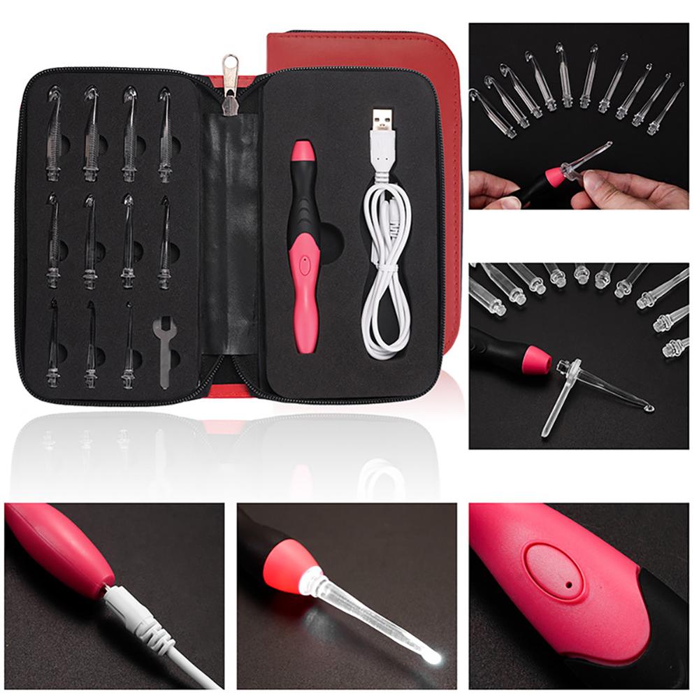 12 in 1 Light Up Crochet Hooks Rechargeable LED Knitting Tools Knitting Needles USB DIY Weaving Sweater Sewing Accessories