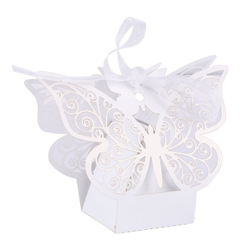 10 Uds cajas de de boda bolsas hueco caja de dulces con mariposa para bautismo cumpleaños primera bautizo y comunión suministros para: Blanco