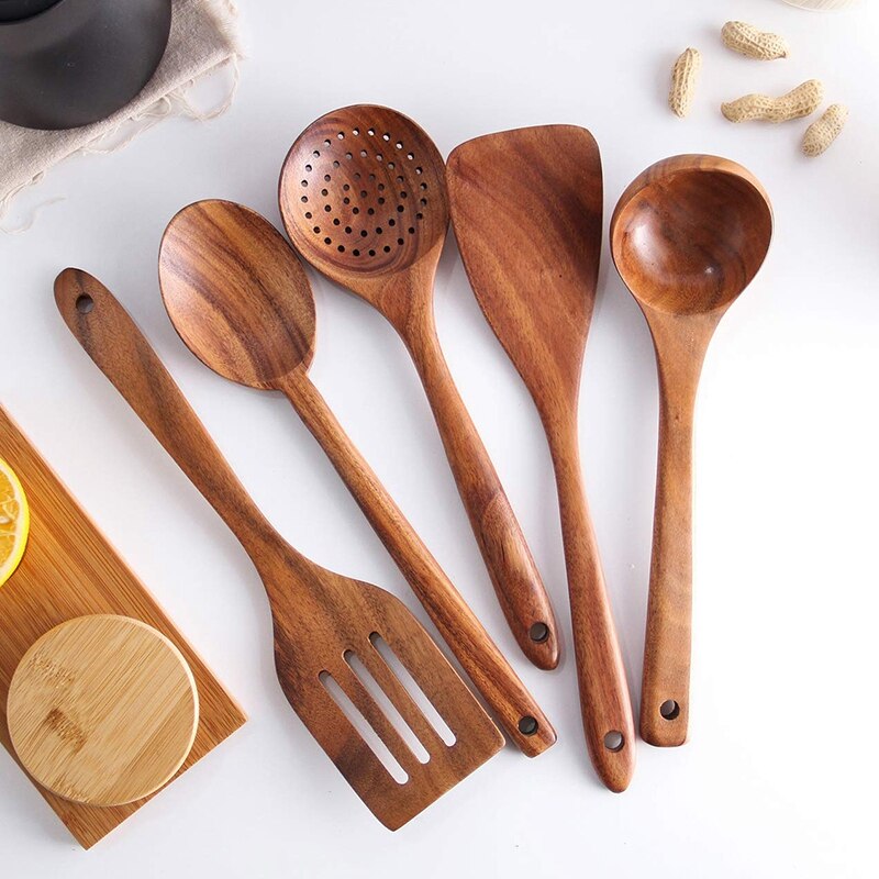 Healthy Cooking Utensils Set Wooden Cooking Tools Natural Nonstick Hard Wood Spatula and Spoons - Durable Eco-Friendly and Safe
