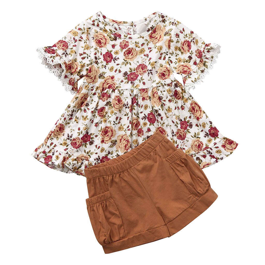 Peuter Baby Meisjes outfits Drie Kwart Ruches Bloemenprint Jurk + Solid Shorts babygirl kleding vetement bebe fille naissance: 3T