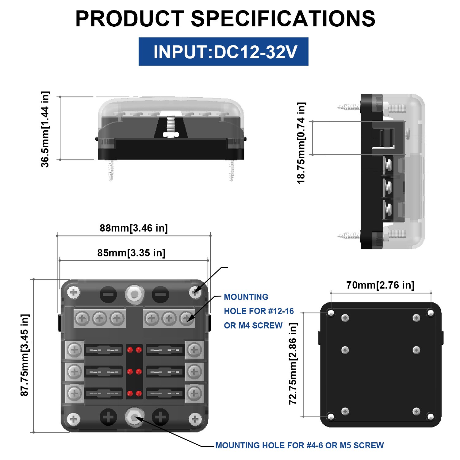 DC 12V Fuse Box with Negative Bus Blade Fuses Holder Block 12 Way with LED Indicator Fuse Holder Box Car accessories