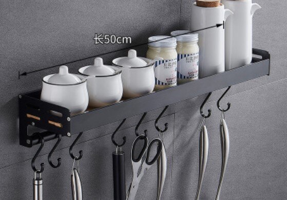 Black Wall Mounted Kitchen Racks with Hooks Space Aluminum Storage Shelf Kitchen Appliances Spice Rack Kitchen Rack Organizer: 50cm with hooks