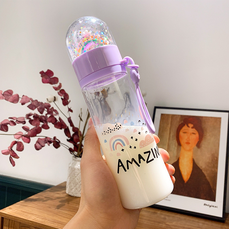 Botella de agua de plástico de color arcoíris con dibujos de unicornios, divertido, creativa, taza de agua para niños, a prueba de gotas: purpep