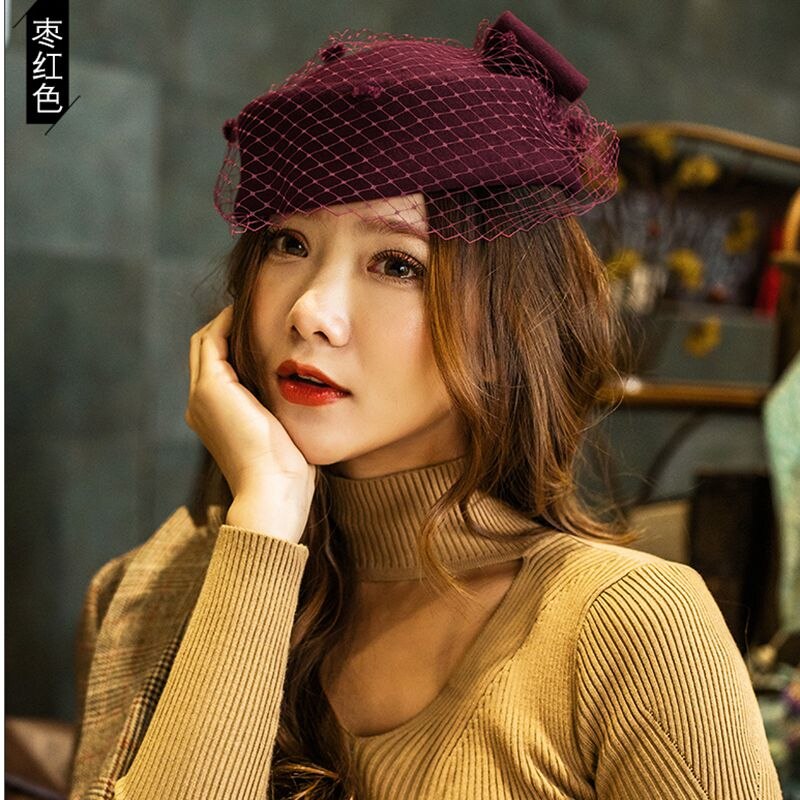 Bride Wedding Chic Veil Fascinator Hat Cocktail Wedding Party Church Headpiece kentucky Headwear 100% Wool Felt Beret Cap: winered