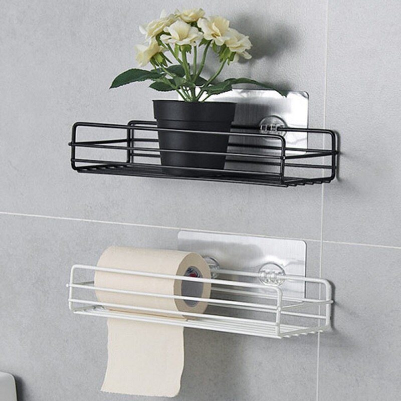Repisas de hierro para almacenaje de baño, estantería de ducha sin perforación montada en la pared, cesta de succión de almacenamiento, color blanco y negro