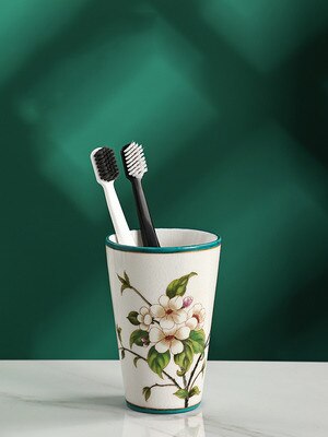 Ceramics Bathroom Set Liquid Soap Dish Toothbrush Holder/Rack Lover Gargle Cup Dental Jar Flowers &amp; Bird Pastoral Style: Gargle Cup 2