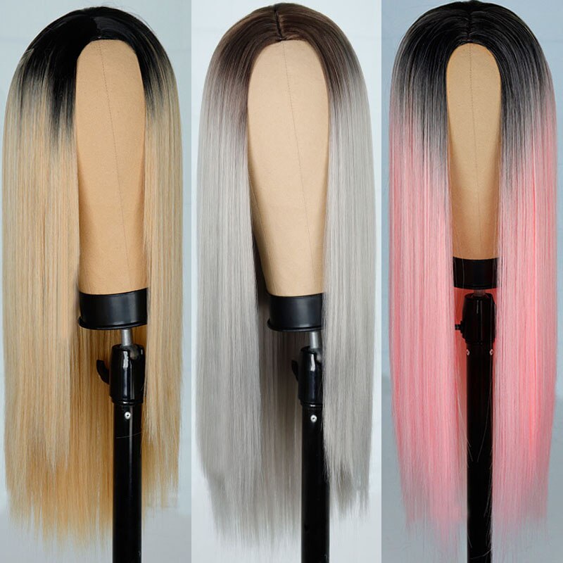 Peluca de pelo sintético para mujer, largo, liso, Rosa, Verde, con cierre, para uso diario, juego de peluca precoloreada