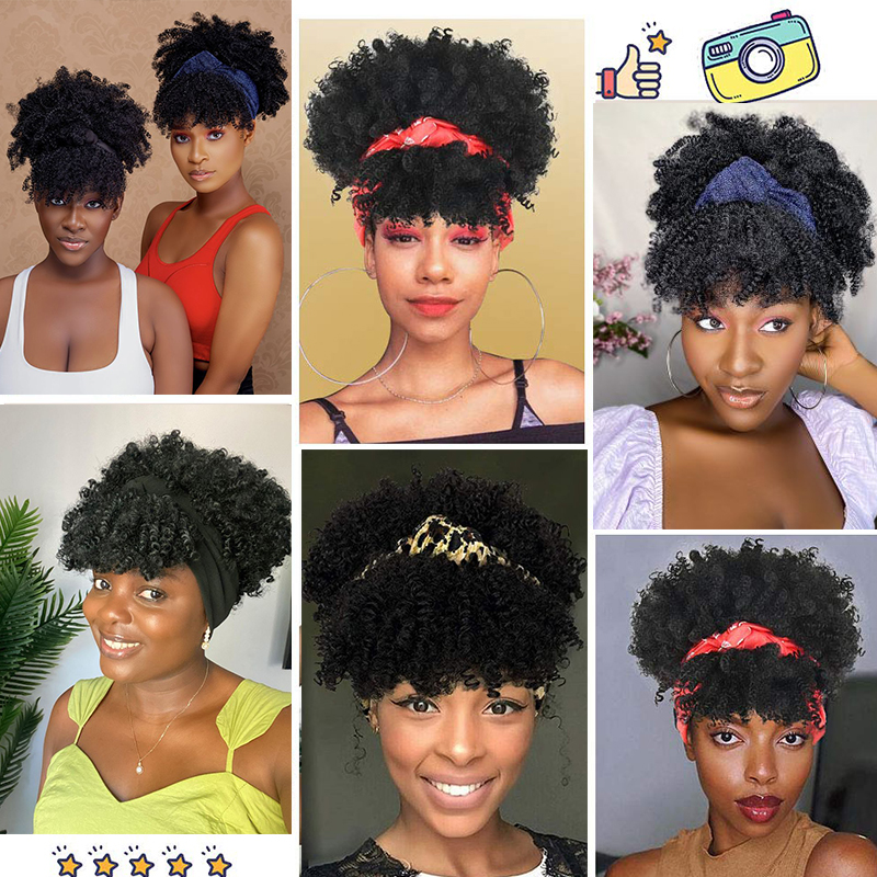 Afro Kinky Curly Headband Wigs Short Fluffy Curly Scarf Wig with Bangs Natural Synthetic Afro Curly Head Band Wig Cosplay