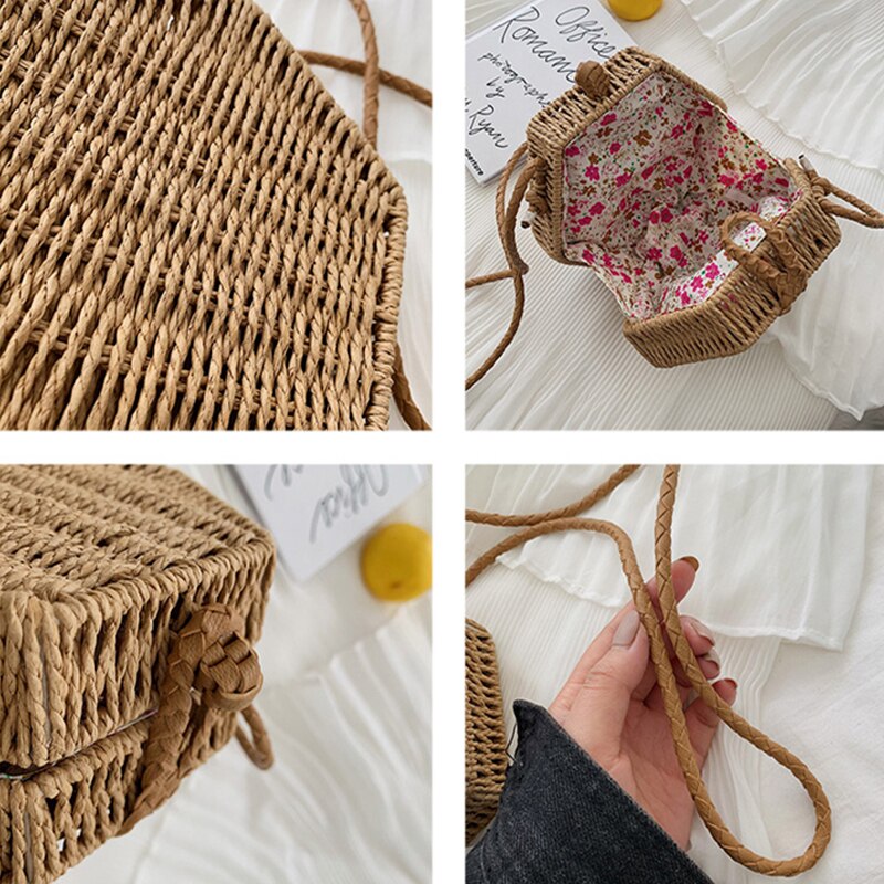 Hexagone femmes sac à main été plage paille sac bohême rotin tissé rétro épaule bandoulière sacs à la main couleur unie Bali boîte