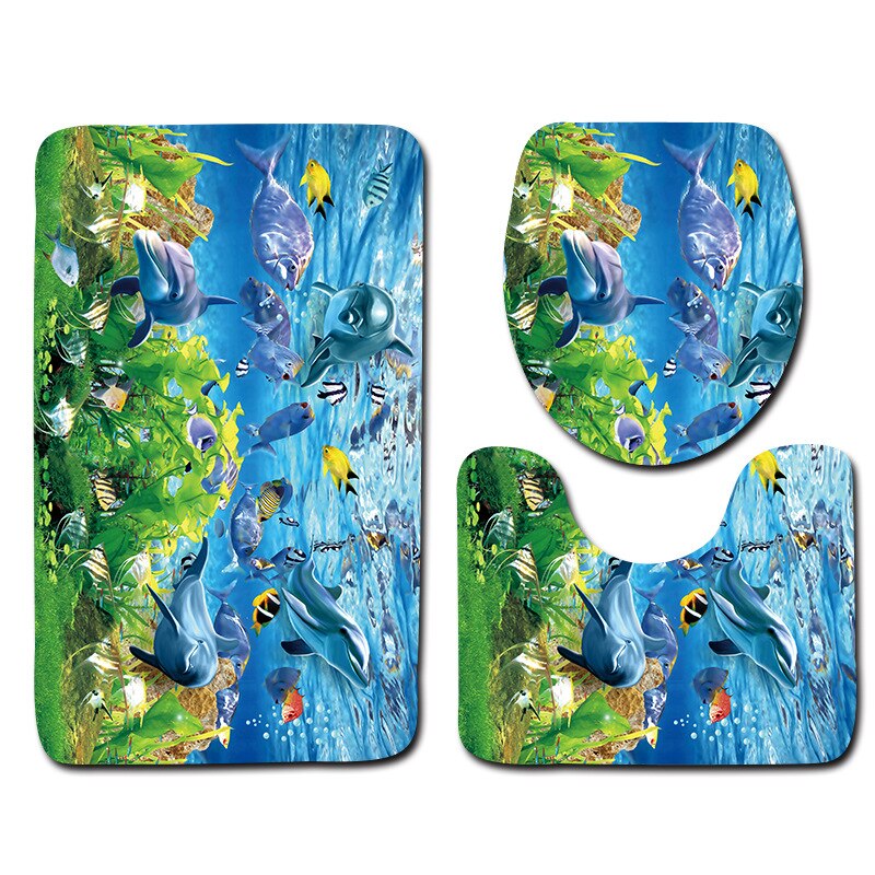 Zeegle 3D poisson imprimé salle de bain tapis 3 pièces anti-dérapant tapis dans les toilettes lavable piédestal tapis couvercle toilette couverture tapis de bain: Fish 06