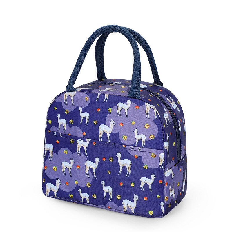 Functional Cute Pattern Lunch Bag Portable Insulated Canvas Cooler Bog Thermal Food Picnic Lunch Bags For Women Kids: Blue Alpaca