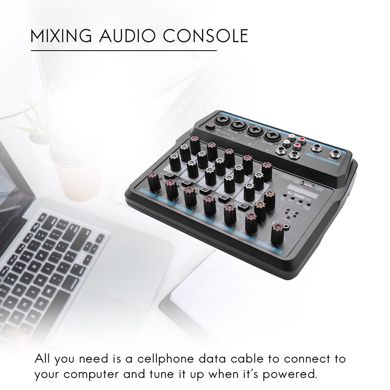 M-6 Portable Mini Mixer Audio DJ Console with Sound Card, USB, 48V Phantom Power for PC Recording Singing Webcast Party(US Plug)